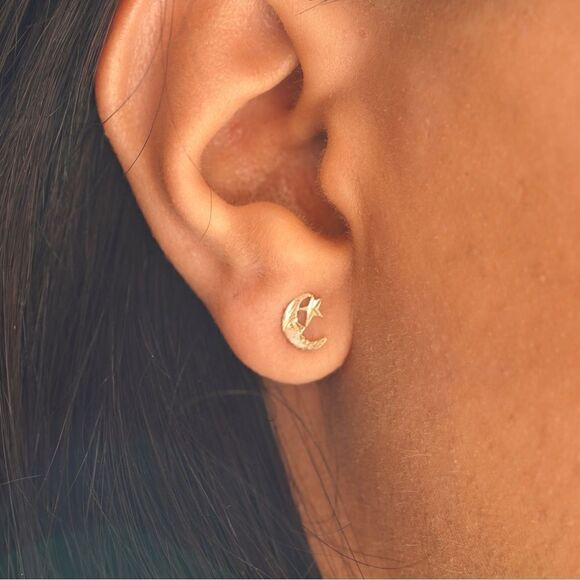 14K Solid Gold Moon & Star Earrings | Dainty Celestial Jewelry - Picture 4 of 4